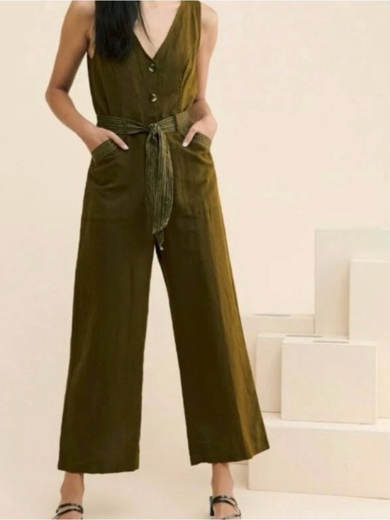 Anthropologie Pants - Anthropologie Rhian green linen jumpsuit Waist Tie Sz 8 Casual Urban